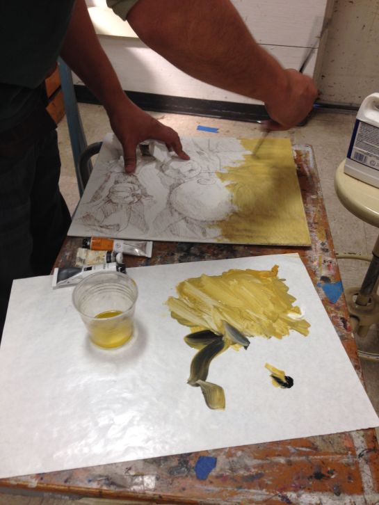 Verdaccio layer demo - use yellow ochre, ivory black and a touch of white to create a greenish background color