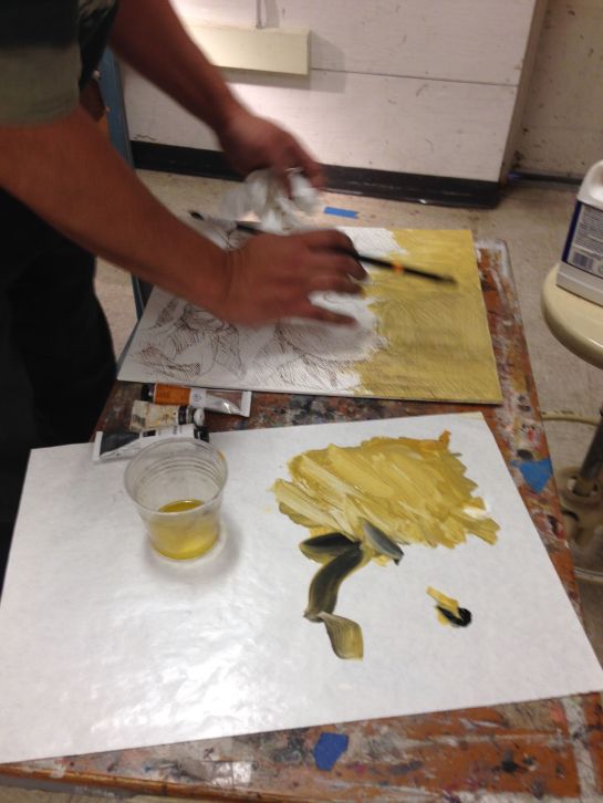 Painted color onto panel and use 1:4 or 1:5 linseed oil/turpenoid medium to thin; wipe down evenly once applied