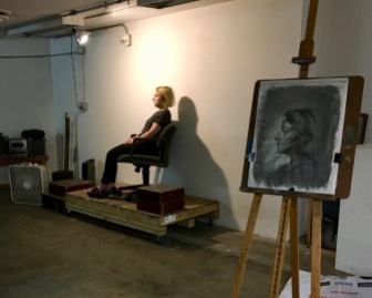Model Madeline and in progress class demo by instructor Elizabeth M. Willey for final class of Portrait Drawing